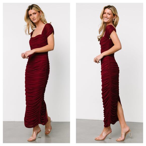 NWT Baltic Born Alessandra Mesh Midi Dress Size Large Burgundy Ruched Wedding - Picture 8 of 14